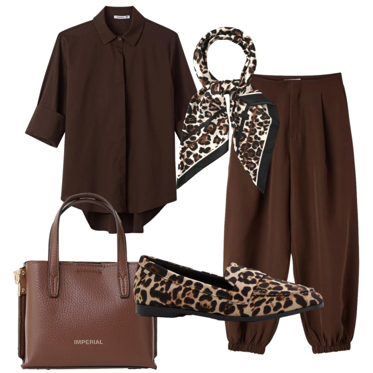 Outfit donna - Total look #2400701. Stile Etnico per Ufficio. Abbinamento con mocassini, foulard, camicie, pantaloni, borse a tracolla.