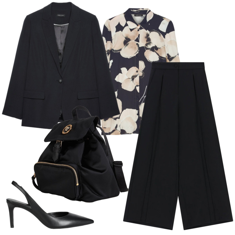 Outfit donna - Ufficio. Stile Chic per Ufficio. Abbinamento con zaini, décolleté, pantaloni a palazzo, camicie, blazer.