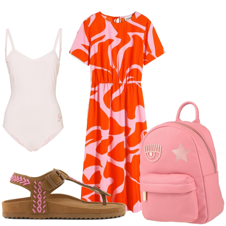 Outfit donna - Giorno in giro. Stile Casual chic per Tutti i giorni. Abbinamento con zaini, vestiti midi/longuette, body, infradito.