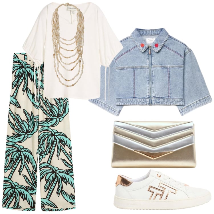 Outfit donna - L\'aperitivo una sera di maggio. Stile Casual per Serata fuori. Abbinamento con pantaloni, bluse, sneakers, cappotti, collane, pochette.