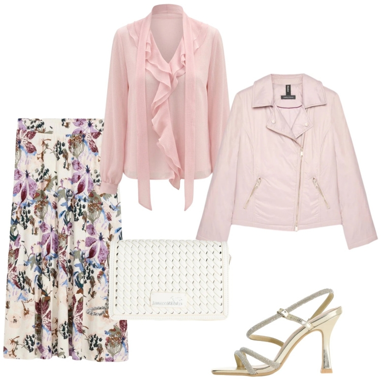 Outfit donna - Pink vibes. Stile Romantica per Tutti i giorni. Abbinamento con gonne, borse a tracolla, sandali col tacco, bluse, piumini.