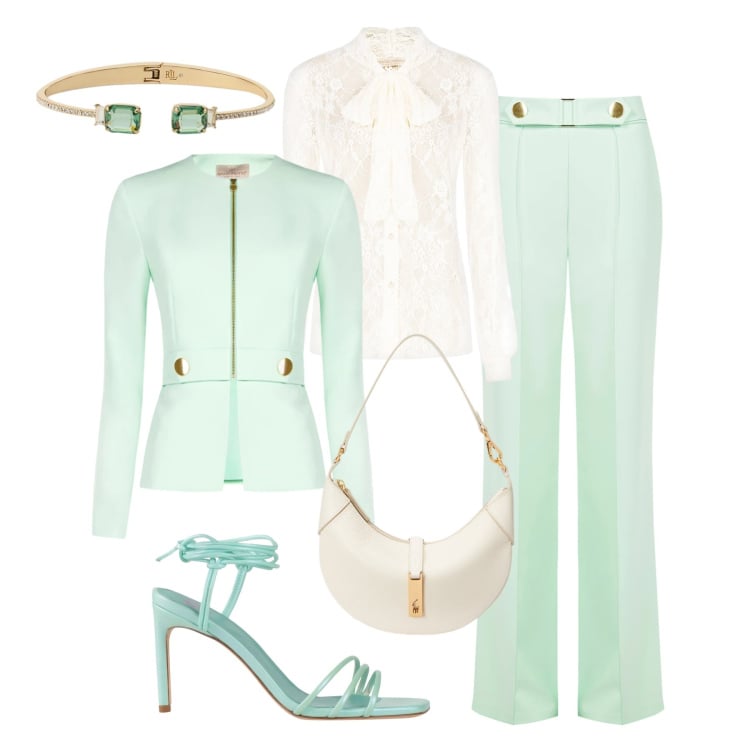 Outfit donna - Raffinata in verde menta. Stile Chic per Cerimonia. Abbinamento con sandali in pelle, camicie, blazer, pantaloni, borse a spalla, braccialetti.
