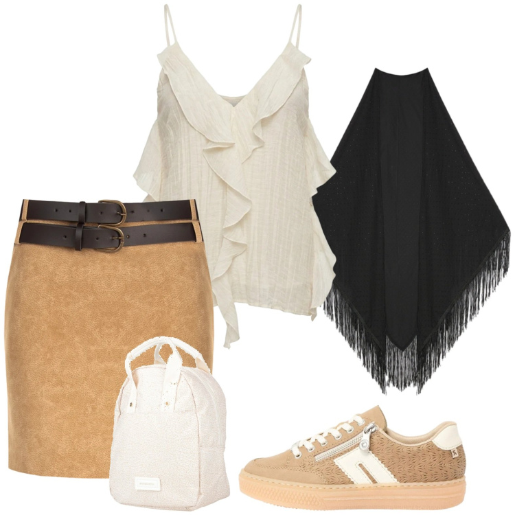 Outfit donna - Doppia cintura e foulard. Stile Boho per Tutti i giorni. Abbinamento con zaini, sneakers, minigonne, top, foulard.