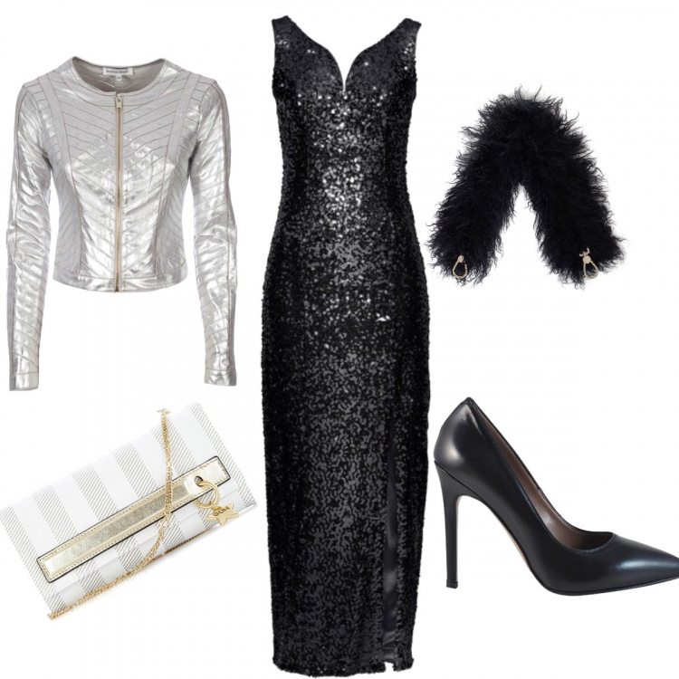 Outfit donna - Bianco e nero. Stile Chic per Cerimonia. Abbinamento con vestito con paillettes, giacca effetto laminato scollatura con zip in ecopelle argento e oro, décolleté, pochette a righe bianco, borsa a tracolla.