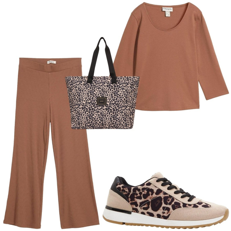Outfit donna - Tempo libero. Stile Casual per Tutti i giorni. Abbinamento con maglieria, leggings, sneakers, shopping bag.
