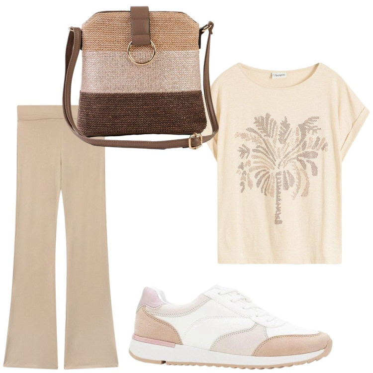 Outfit donna - Tempo libero. Stile Casual per Tutti i giorni. Abbinamento con t-shirt, borse a tracolla, sneakers, leggings.
