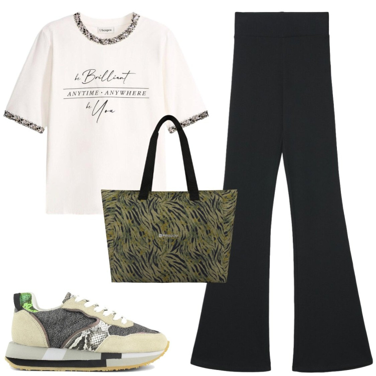 Outfit donna - Tempo libero. Stile Casual per Tutti i giorni. Abbinamento con t-shirt, leggings, shopping bag, sneakers.