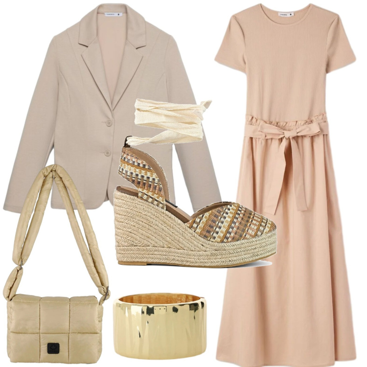 Outfit donna - Silhouette fluide e leggere. Stile Glamour per Tutti i giorni. Abbinamento con blazer, vestiti lunghi, braccialetti, borse a spalla, zeppe.