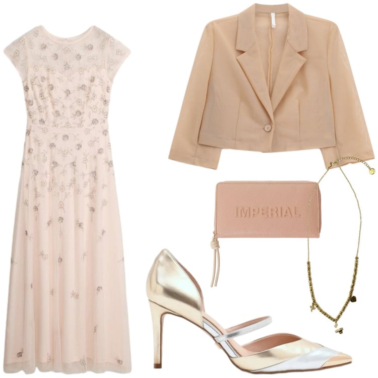 Outfit donna - Punto vita protagonista. Stile Casual per Serata fuori. Abbinamento con vestiti lunghi, blazer, portafogli, décolleté, ciondoli.