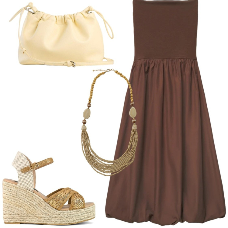 Outfit donna - Serate estive. Stile Chic per Serata fuori. Abbinamento con borse a tracolla, vestiti midi/longuette, collane, zeppe.
