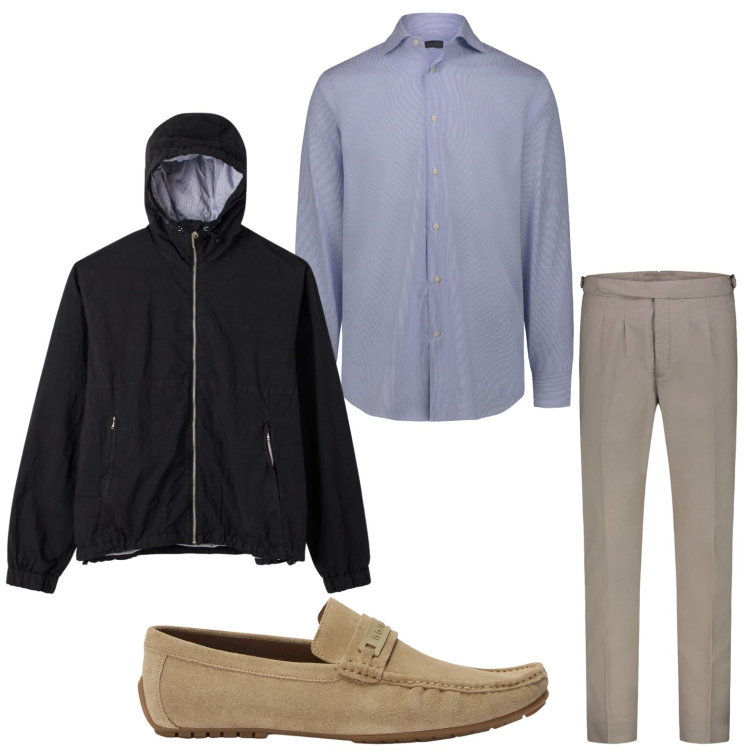 Outfit uomo - Serata primaverile. Stile Casual per Serata speciale. Abbinamento con giacche, scarpe stringate, pantaloni, camicie.