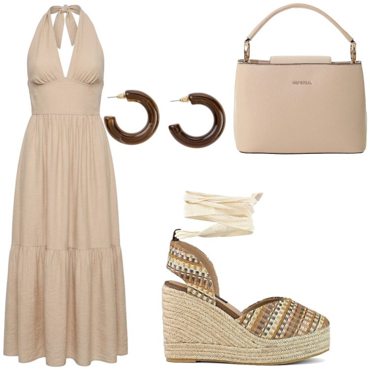 Outfit donna - Serate estive. Stile Chic per Serata fuori. Abbinamento con orecchini, vestiti lunghi, borse a secchiello, zeppe.