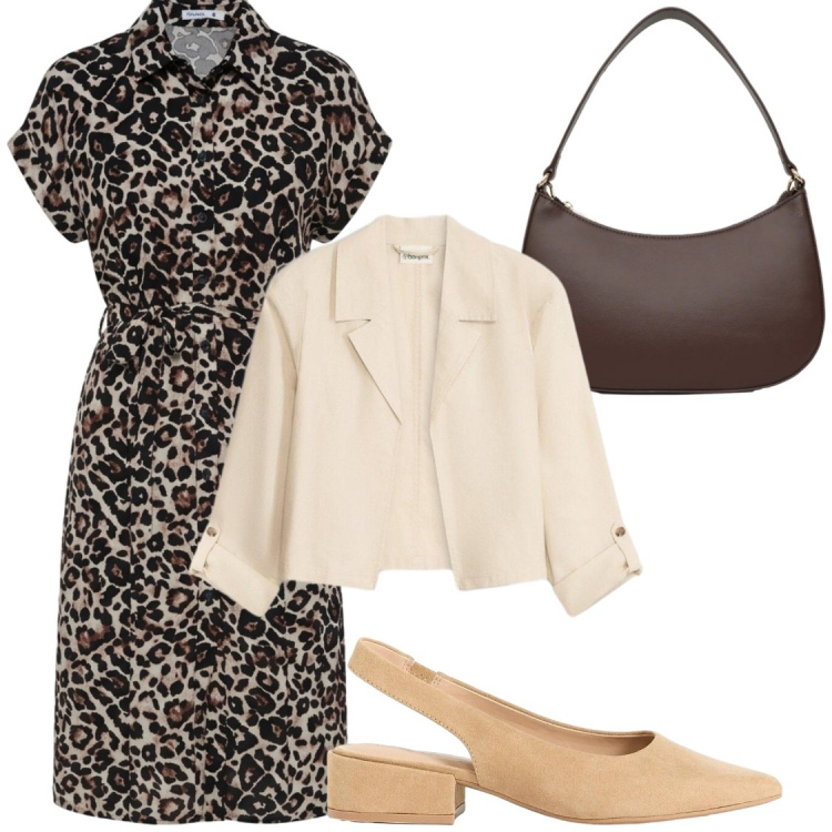 Outfit donna - Animalier in ufficio. Stile Chic per Ufficio. Abbinamento con décolleté, blazer, vestiti chemisier, borse a tracolla.