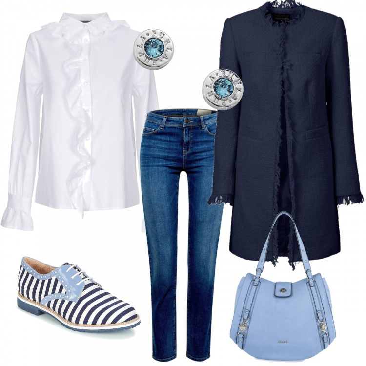 Outfit donna - Camicia bianca. Stile Chic per Tutti i giorni. Abbinamento con blazer, camicia collo classico a maniche lunghe jersey, orecchini con strass e farfallina, scarpe col tacco, jeans straight taglio dritto tinta unita blu, shopping bag con zip in pelle sintetica con scomparti.