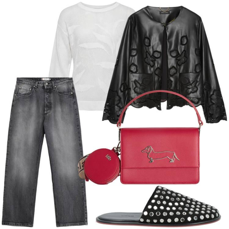 Outfit donna - Jeans scuro. Stile Urban per Tutti i giorni. Abbinamento con pantofole, borse a tracolla, maglieria, jeans, blazer.