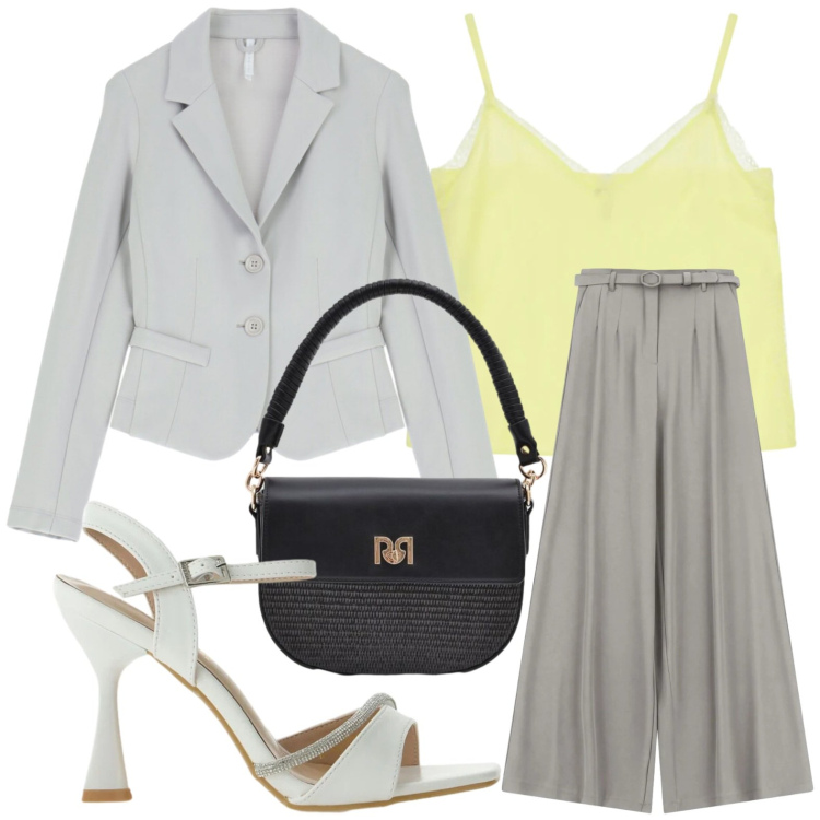 Outfit donna - Top solare. Stile Urban per Tutti i giorni. Abbinamento con sandali gioiello, blazer, pantaloni a palazzo, canottiere, borse a spalla.