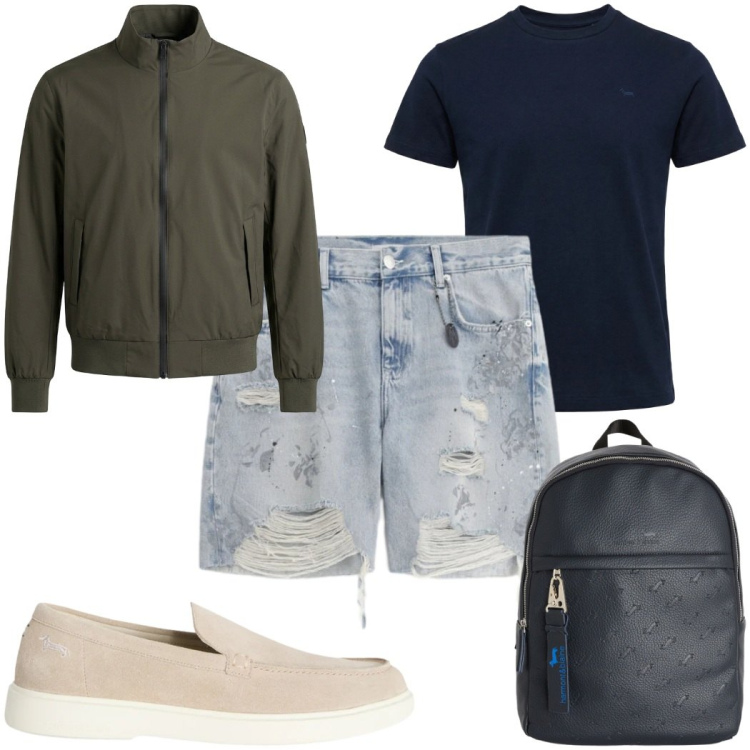 Outfit uomo - Total look #2400896. Stile Casual per Tutti i giorni. Abbinamento con bermuda, scarpe stringate, borse sportive, t-shirt, bomber.