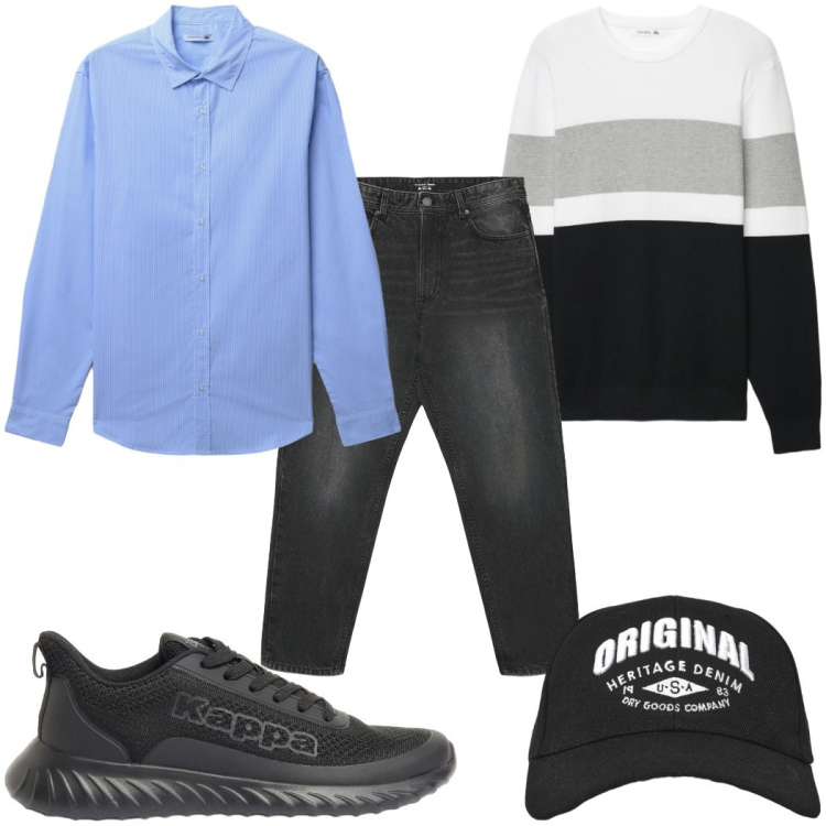 Outfit uomo - Total look #2400898. Stile Casual per Tutti i giorni. Abbinamento con sneakers, jeans, camicie, cappelli con visiera, maglieria.