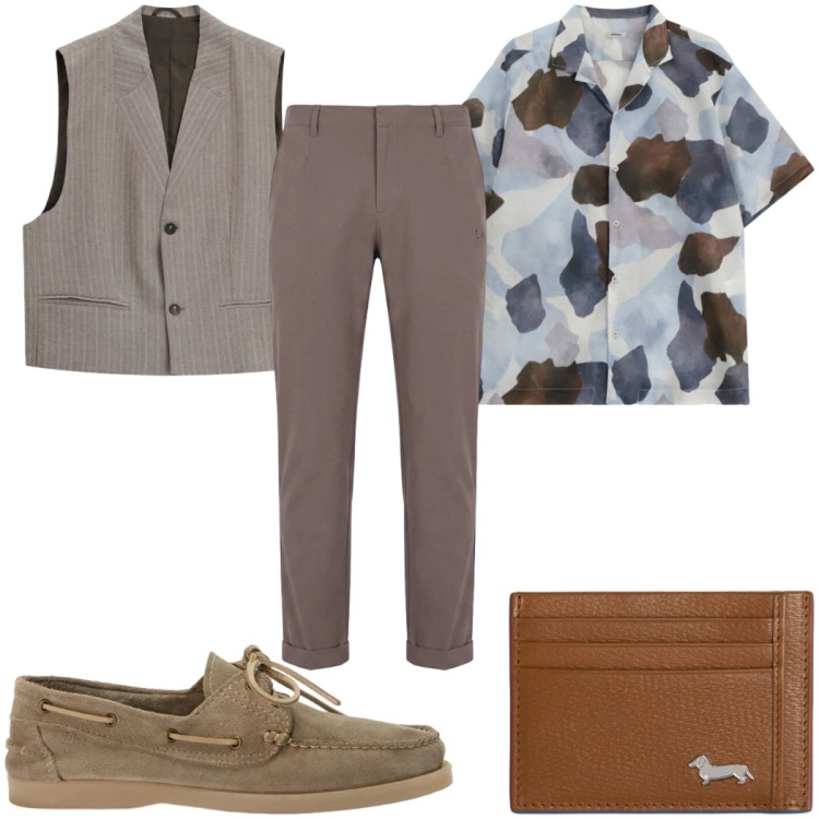 Outfit uomo - Total look #2400906. Stile Casual per Tutti i giorni. Abbinamento con gilet, camicie a manica corta, portafogli, scarpe stringate, pantaloni.
