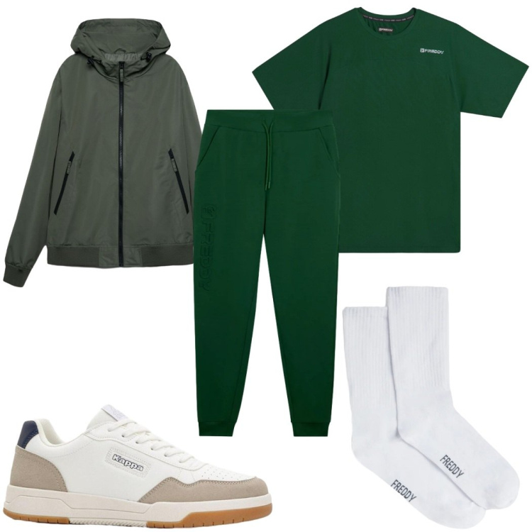 Outfit uomo - Total look #2400920. Stile Trendy per Sport. Abbinamento con sneakers, giacche sportive, calzini, t-shirt, pantaloni.