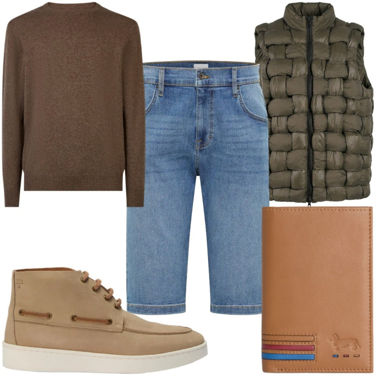 Outfit uomo - Total look #2400938. Stile Casual per Tutti i giorni. Abbinamento con bermuda, portafogli, stivali e stivaletti, maglieria, gilet.