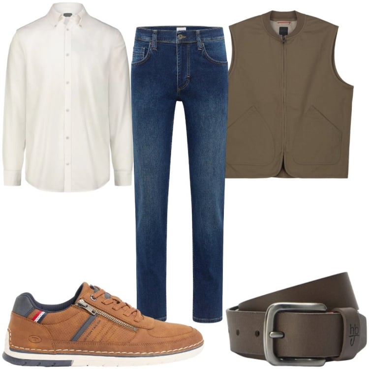 Outfit uomo - Total look #2400939. Stile Casual per Ufficio. Abbinamento con sneakers, jeans dritti, cinture, camicie, gilet.