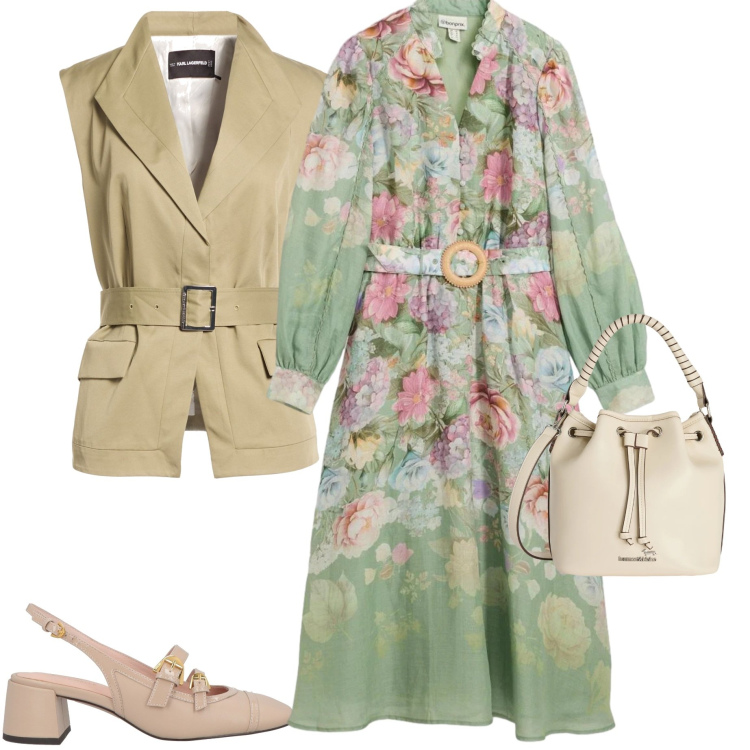 Outfit donna - Una cascata di fiori. Stile Chic per Cerimonia. Abbinamento con cinture, décolleté, vestiti midi/longuette, borse a secchiello.