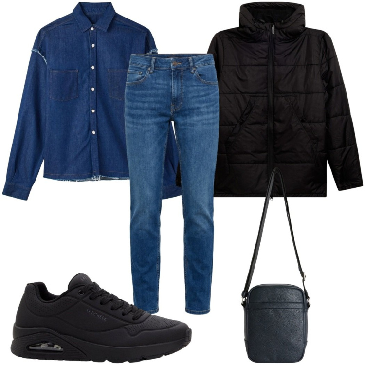Outfit uomo - Total look #2400941. Stile Casual per Tutti i giorni. Abbinamento con sneakers, camicie, borse sportive, jeans, giacche.