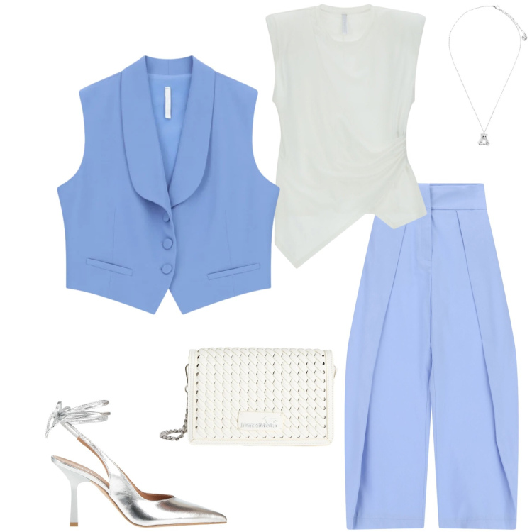 Outfit donna - Alla prima comunione. Stile Casual chic per Cerimonia. Abbinamento con décolleté, borse a tracolla, gilet, top, pantaloni a palazzo, ciondoli.