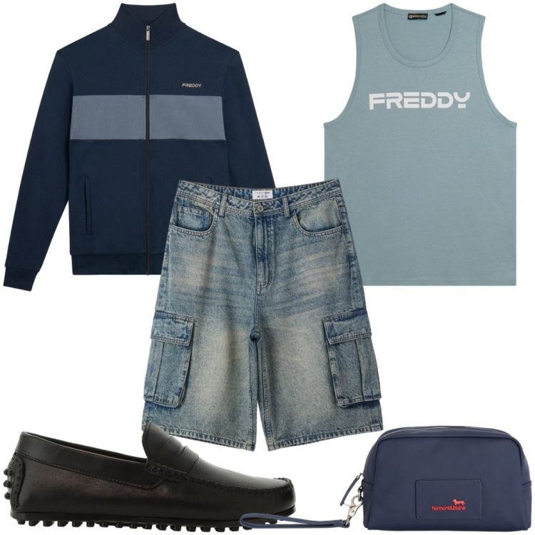 Outfit uomo - Total look #2400943. Stile Trendy per Tutti i giorni. Abbinamento con pantaloni corti, scarpe stringate, borse sportive, felpe, canottiere.