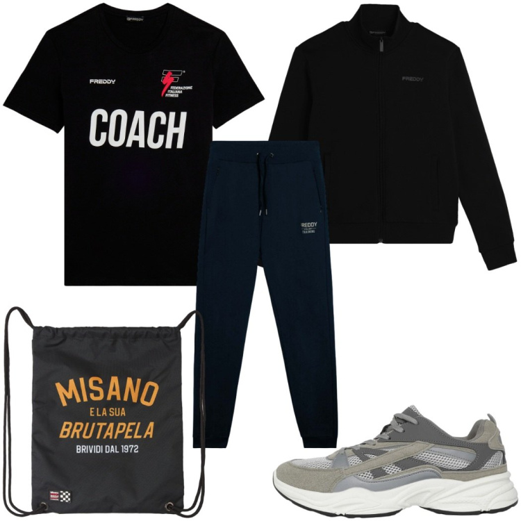 Outfit uomo - Total look #2400944. Stile Trendy per Sport. Abbinamento con borse sportive, sneakers, felpe, t-shirt, pantaloni.