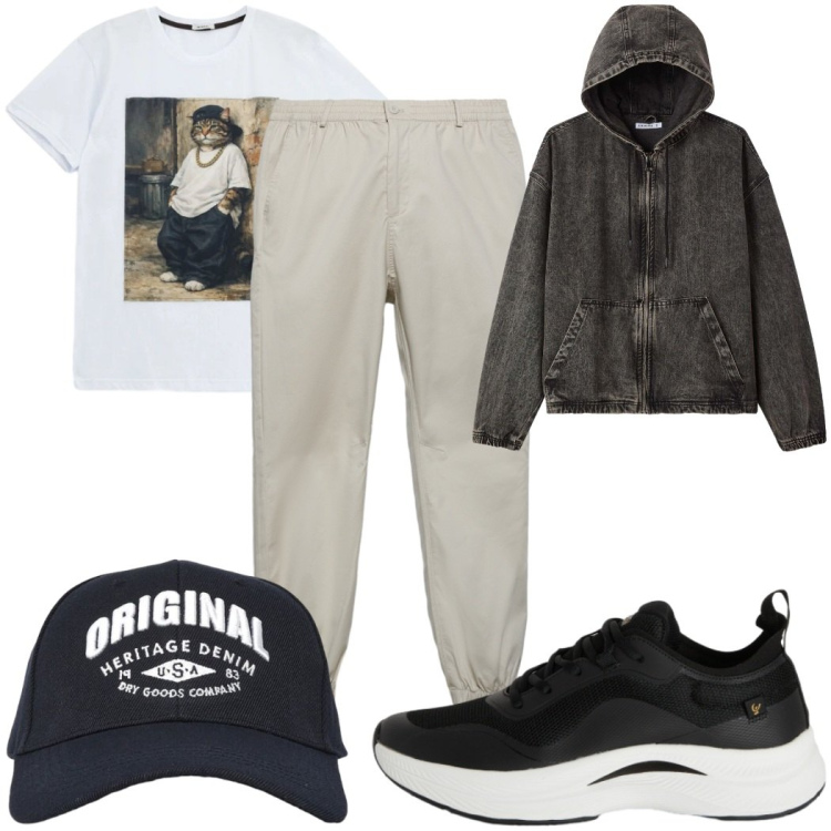 Outfit uomo - Total look #2400945. Stile Urban per Tutti i giorni. Abbinamento con cappelli con visiera, cappotti, pantaloni, t-shirt, sneakers.