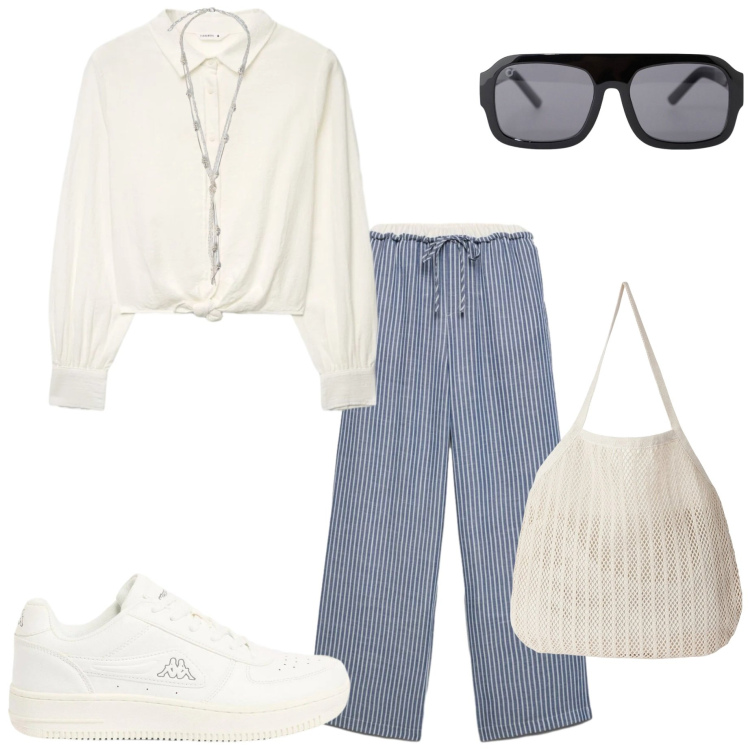 Outfit donna - In città. Stile Casual chic per Ufficio. Abbinamento con sneakers, camicie, pantaloni, shopping bag, occhiali da sole, collane.
