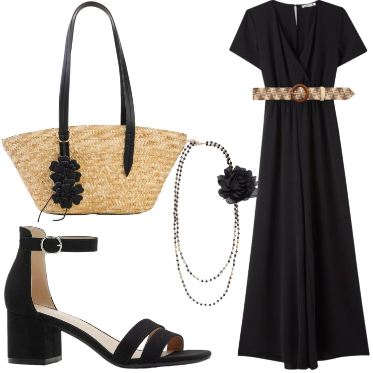 Outfit donna - Giornata quasi estiva. Stile Casual chic per Tutti i giorni. Abbinamento con shopping bag, sandali col tacco, vestiti lunghi, cinture, collane.