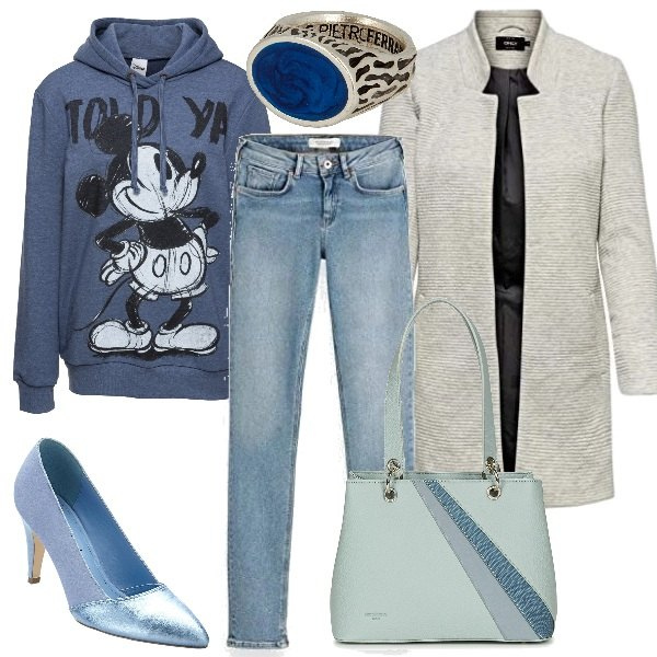 Outfit donna - Trendy #4824. Stile Trendy per Tutti i giorni. Abbinamento con gonne lunghe, décolleté, borsa a spalla, giubbotto melange avorio, jeans straight blu, anello 100% nichel fatto a mano.