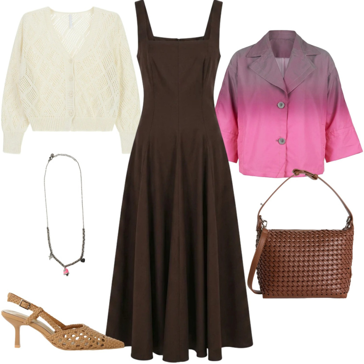 Outfit donna - Intrecci. Stile Casual per Tutti i giorni. Abbinamento con borse a spalla, décolleté, cardigans, ciondoli, vestiti midi/longuette, cappotti.
