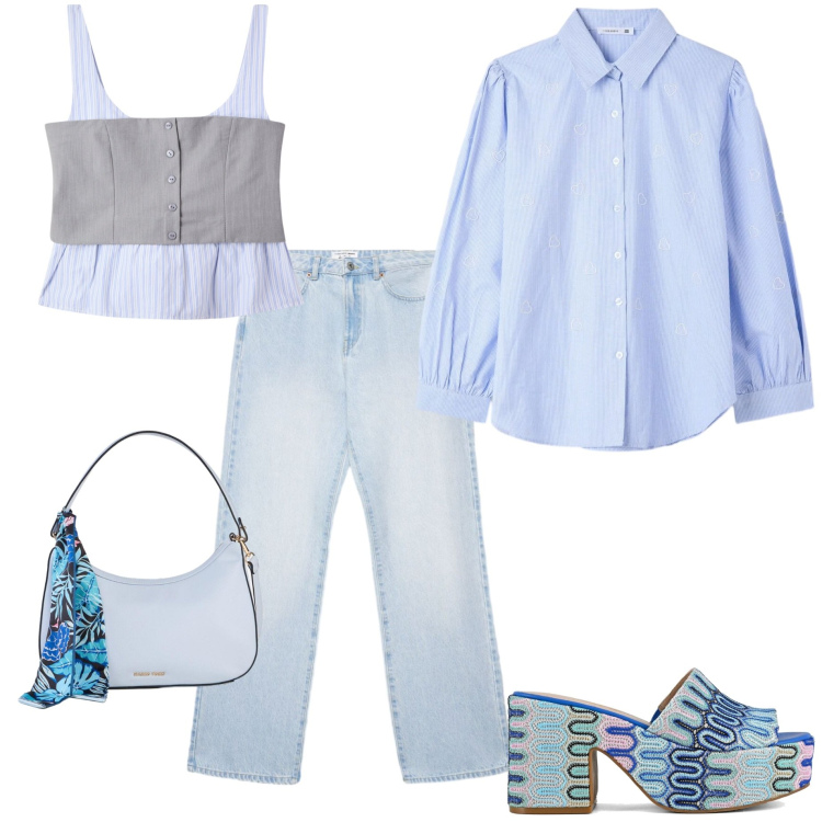 Outfit donna - Serata con le amiche. Stile Casual chic per Serata fuori. Abbinamento con borse a mano, top, jeans dritti, camicie, sabot.