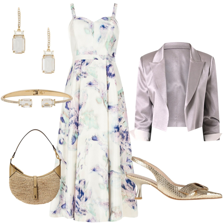 Outfit donna - Protagonista in glicine e oro. Stile Chic per Cerimonia. Abbinamento con décolleté, vestiti midi/longuette, bolero, braccialetti, orecchini, borse a spalla.