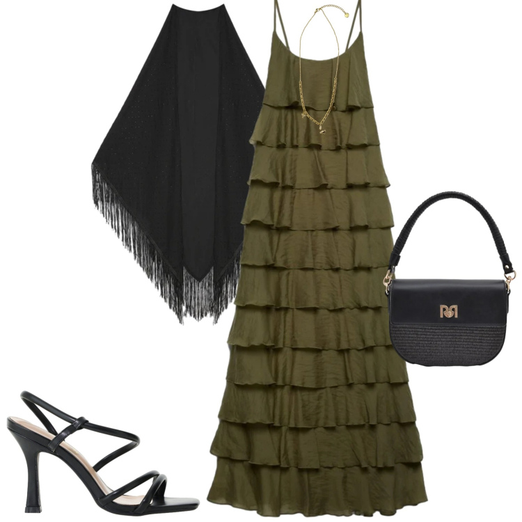 Outfit donna - Serata fuori. Stile Chic per Serata fuori. Abbinamento con vestiti lunghi, borse a spalla, sandali col tacco, ciondoli, foulard.