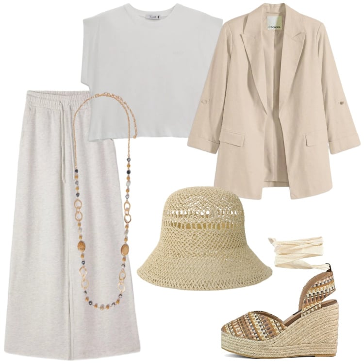 Outfit donna - Total look #2400972. Stile Trendy per Tutti i giorni. Abbinamento con blazer, pantaloni, cappelli, top, collane, zeppe.