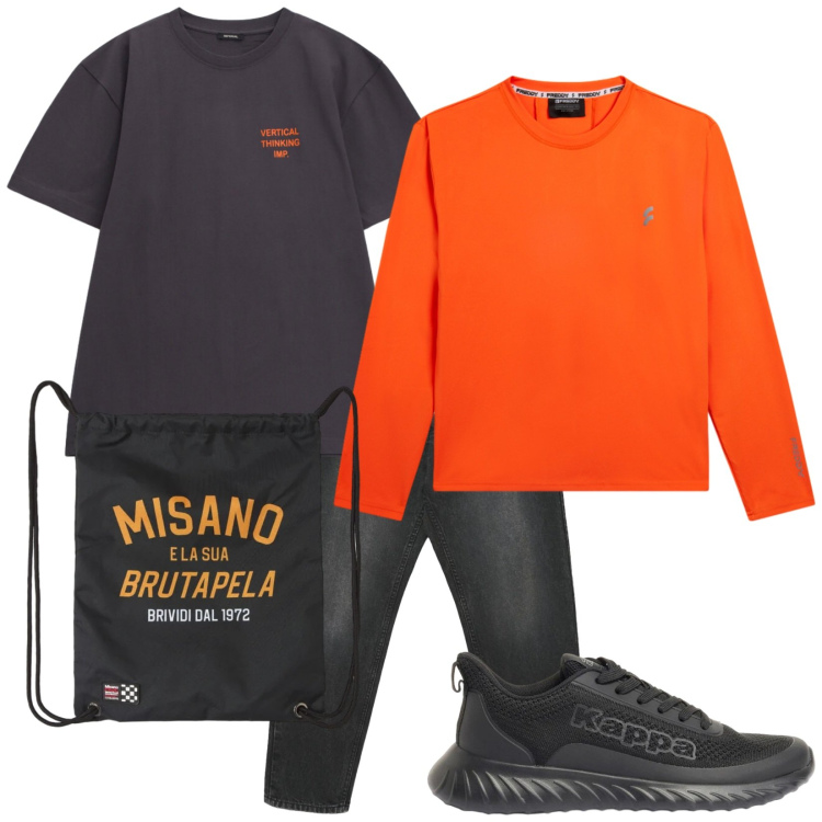 Outfit uomo - Total look #2400973. Stile Biker Rock per Tutti i giorni. Abbinamento con sneakers, borse sportive, jeans, t-shirt, t-shirt.