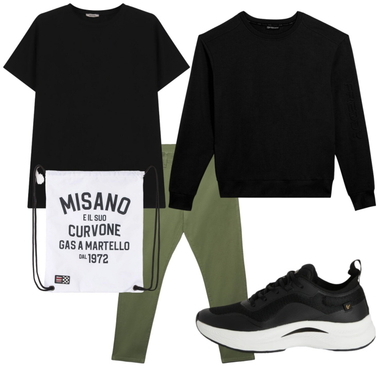 Outfit uomo - Total look #2400974. Stile Casual per Tutti i giorni. Abbinamento con pantaloni chino, borse sportive, t-shirt, sneakers, felpe.