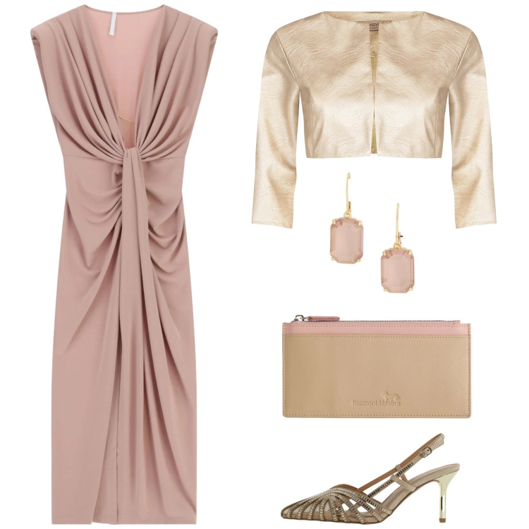 Outfit donna - Dorato e rosa. Stile Chic per Cerimonia. Abbinamento con bolero, vestiti lunghi, portafogli, décolleté, orecchini.