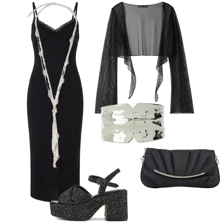Outfit donna - Total look #2400977. Stile Chic per Cerimonia. Abbinamento con clutch, blazer, vestiti midi/longuette, braccialetti, collane, sandali.