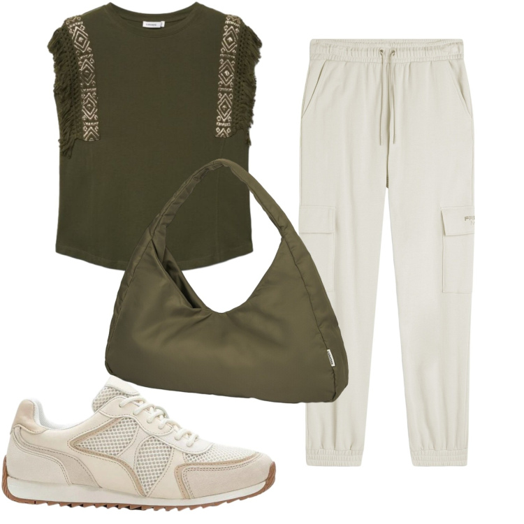 Outfit donna - Total look #2400979. Stile Basic per Tutti i giorni. Abbinamento con sneakers alte, t-shirt, pantaloni cargo, borse a spalla.