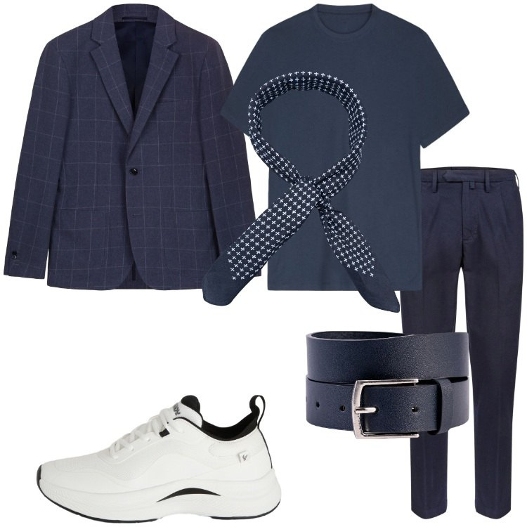 Outfit uomo - Serata primaverile solo blu. Stile Business/Elegante per Serata speciale. Abbinamento con sneakers, pantaloni, cinture, t-shirt, sciarpe e foulard, giacche.