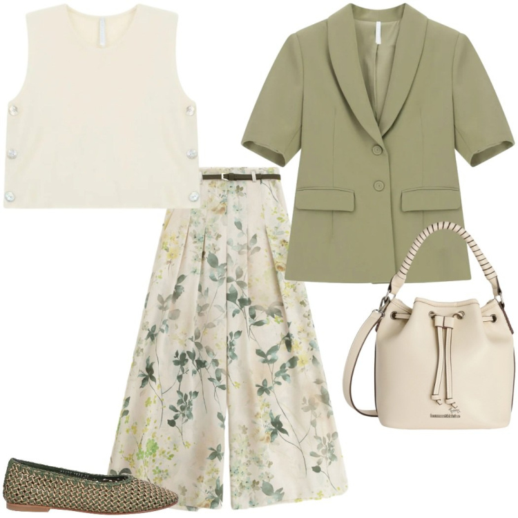 Outfit donna - Silhouette fluide e leggere. Stile Casual chic per Tutti i giorni. Abbinamento con ballerine, pantaloni a palazzo, blazer, top, borse a secchiello.