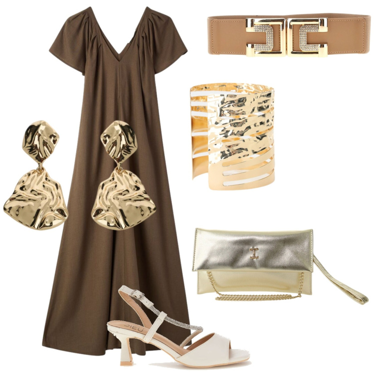 Outfit donna - Dettagli luminosi. Stile Glamour per Cerimonia. Abbinamento con vestiti lunghi, borse a tracolla, orecchini, braccialetti, sandali col tacco, cinture.
