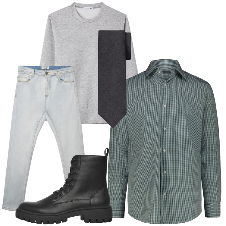 Outfit uomo - Total look #2401011. Stile Casual per Tutti i giorni. Abbinamento con jeans skinny, felpe, anfibi, camicie, cravatte.