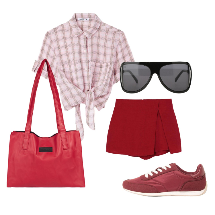 Outfit donna - Maggio. Stile Casual chic per Tutti i giorni. Abbinamento con sneakers, gonne, camicie a manica corta, occhiali da sole, shopping bag.